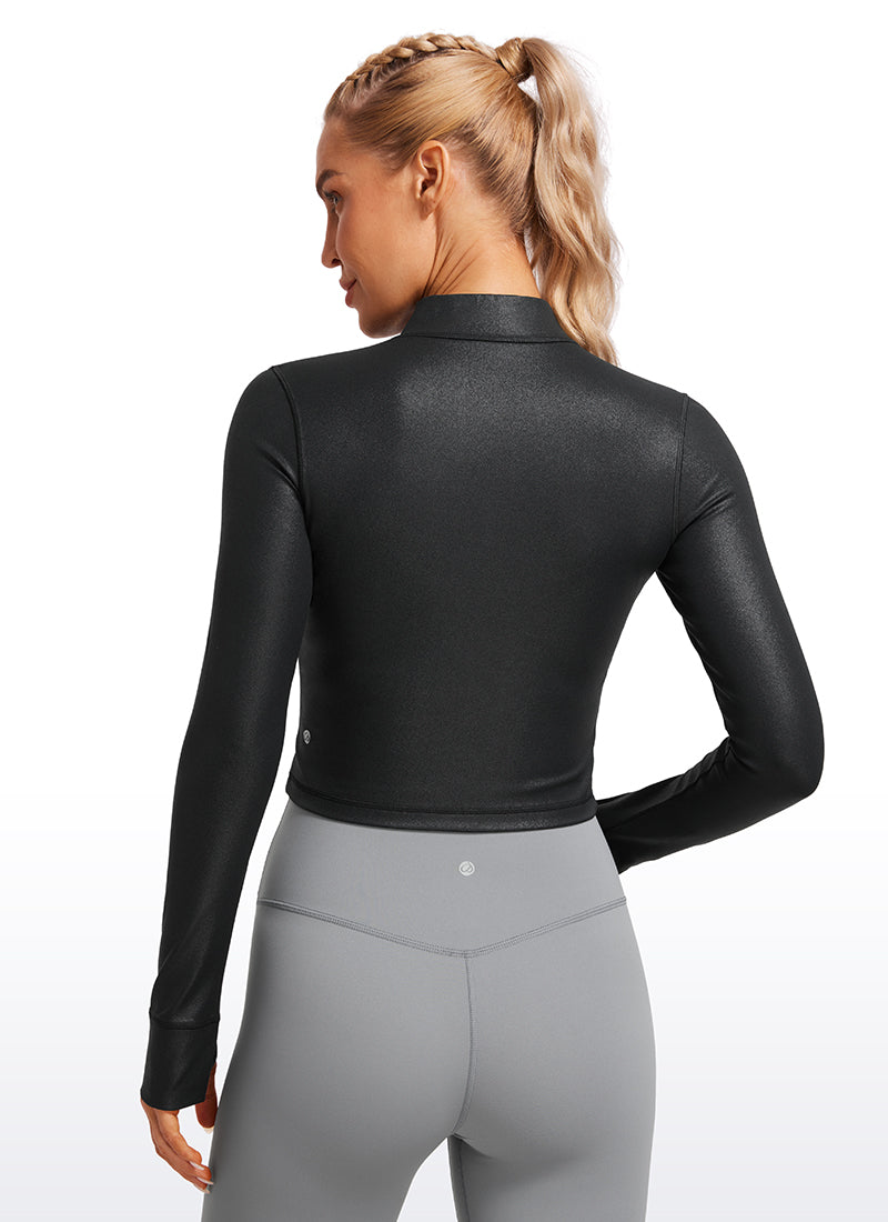 CRZ YOGA Women's Butterluxe Cropped Outerwear Full Zip Jackets Black Classic Leather