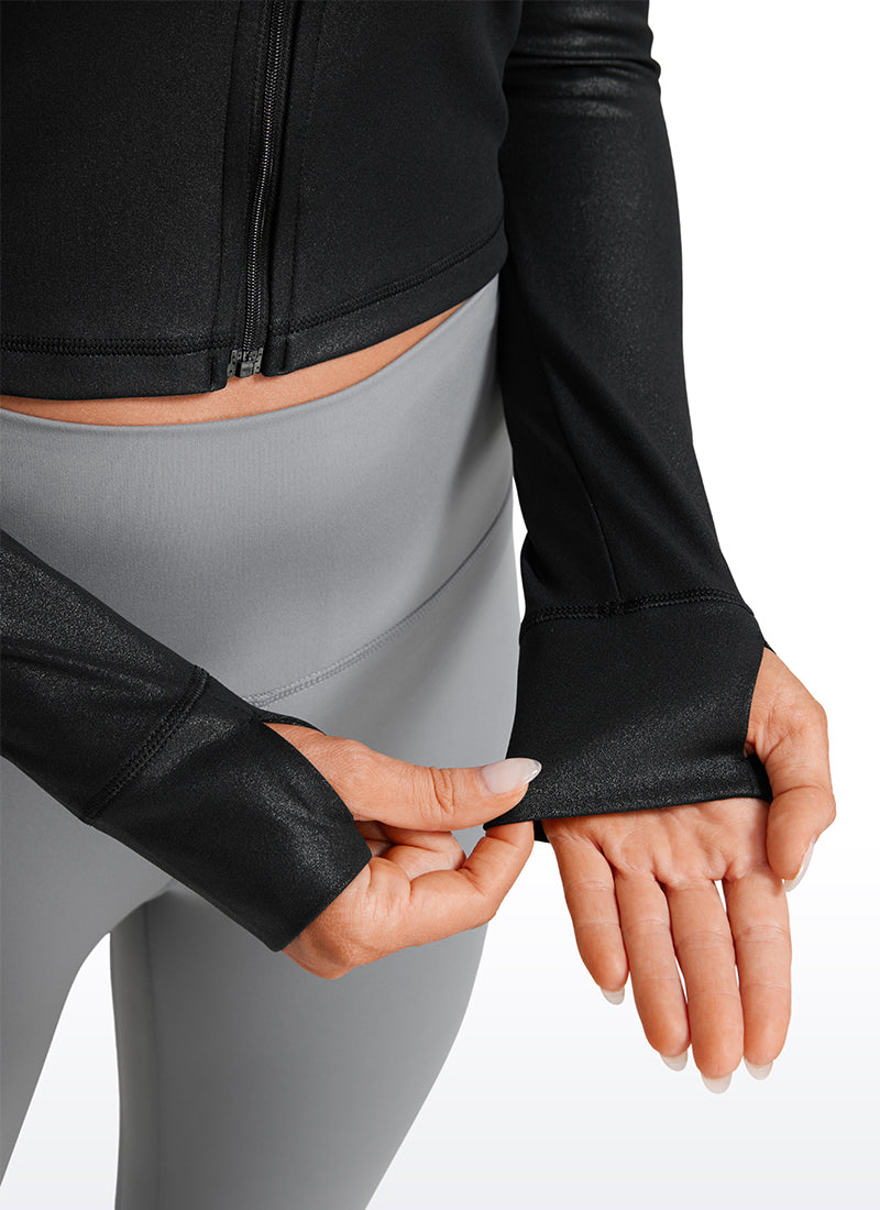 CRZ YOGA Women's Butterluxe Cropped Outerwear Full Zip Jackets Black Classic Leather