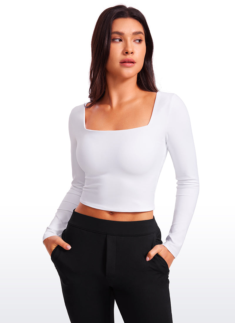 CRZ YOGA Women's Tight Fit Butterluxe Yoga Crop Long Sleeves Square Neck Deep Purple