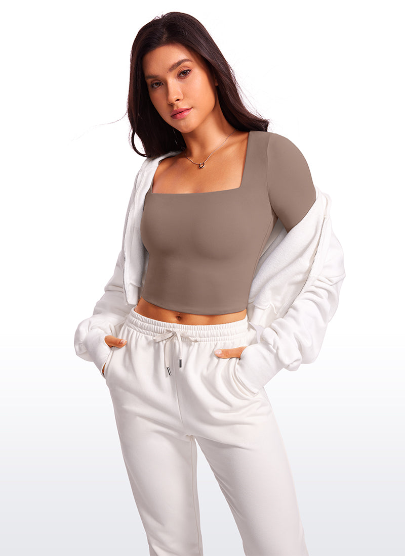 CRZ YOGA Women's Tight Fit Butterluxe Yoga Crop Long Sleeves Square Neck Olive Green