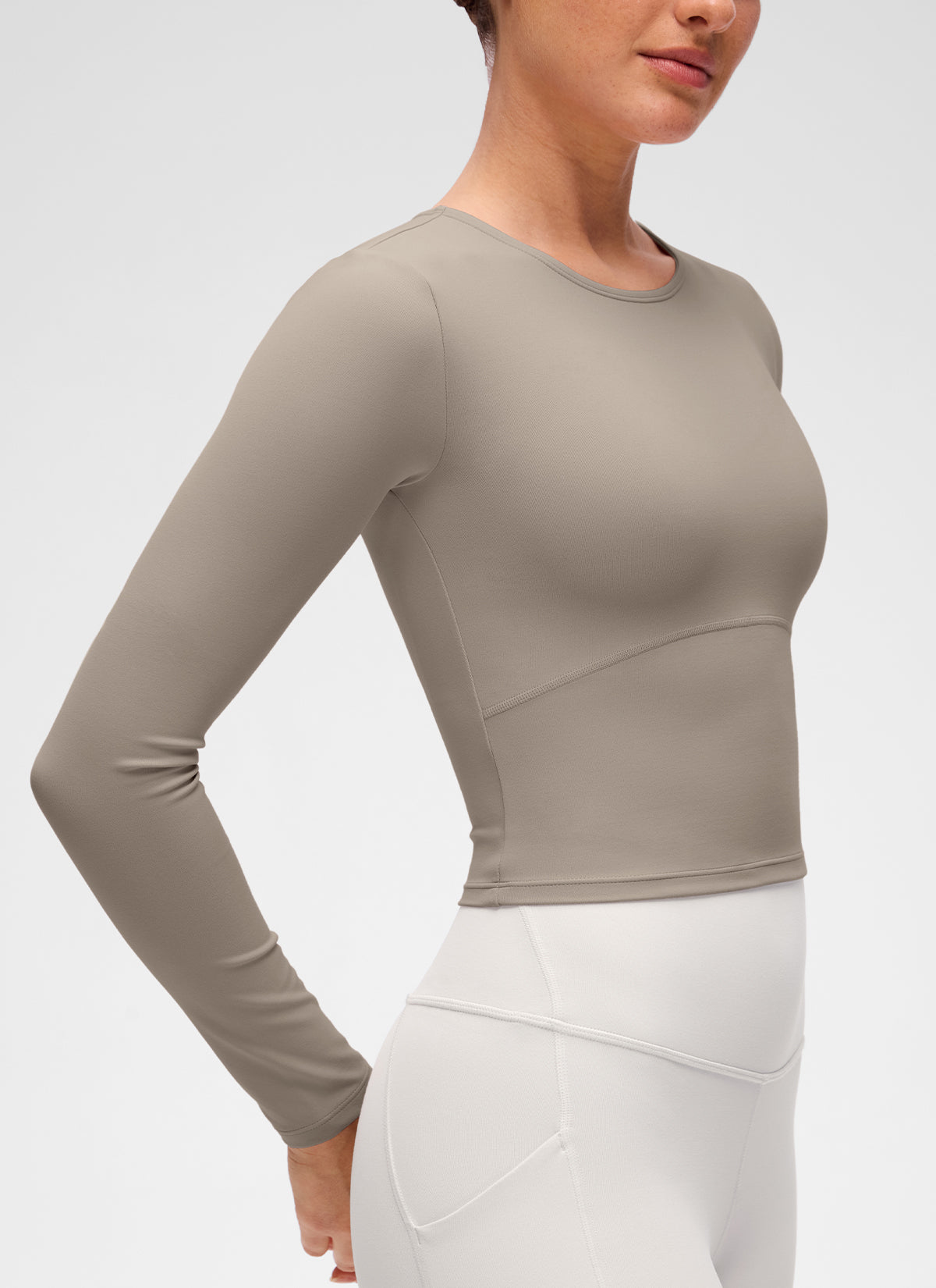 CRZ YOGA Women's Slim Fit Yoga Butterluxe Crop Long Sleeves Front Seam Warm Ash Grey @model_info:Anja