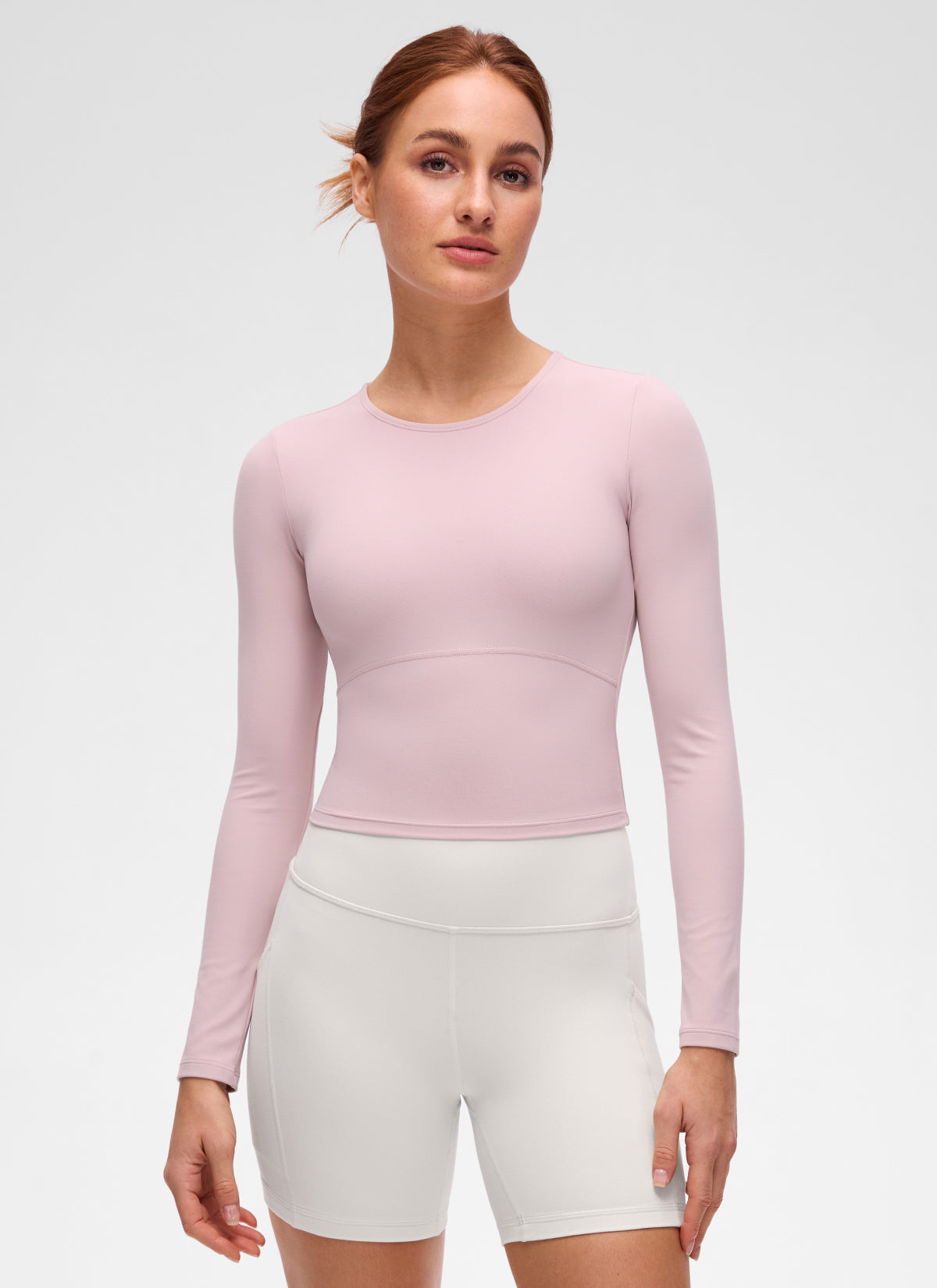 CRZ YOGA Women's Slim Fit Yoga Butterluxe Crop Long Sleeves Front Seam Pink Haze