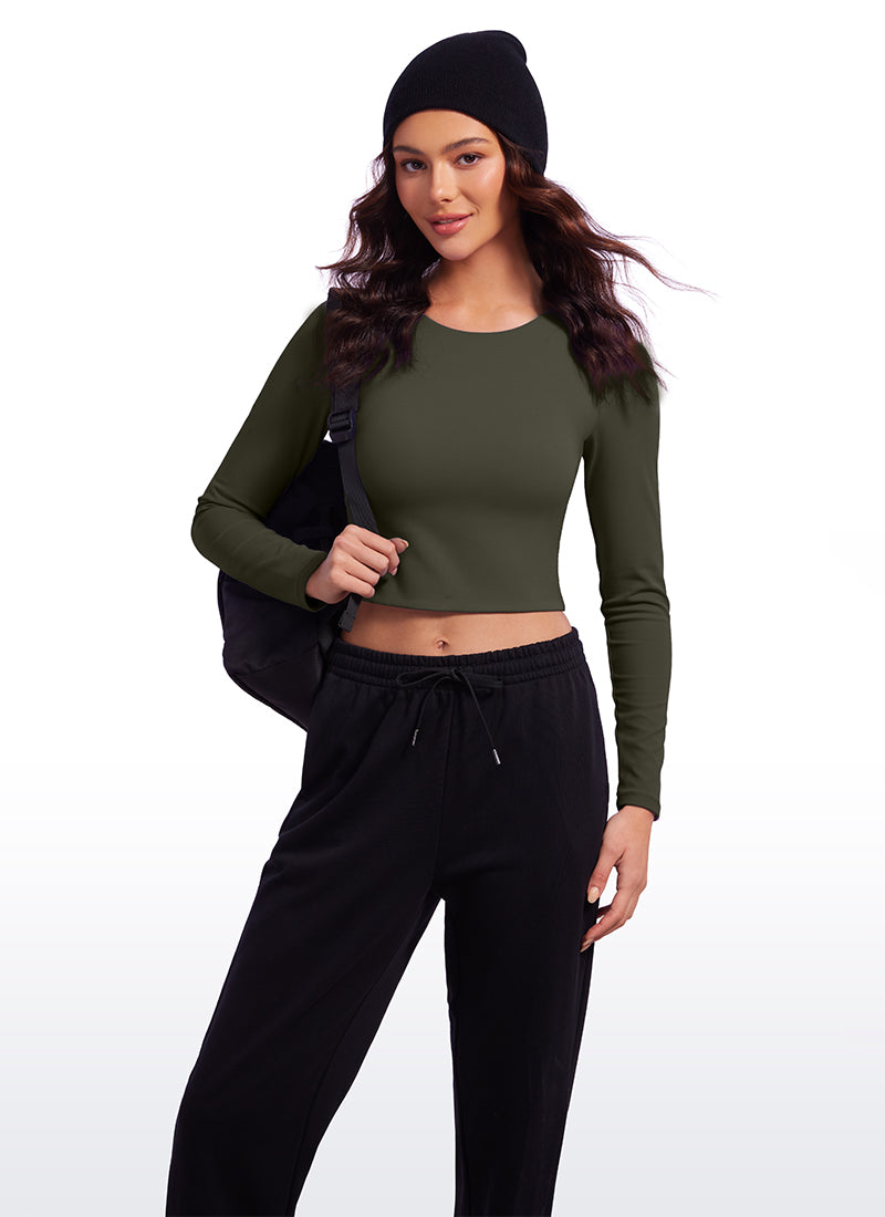 CRZ YOGA Women's Yoga Casual Tight Fit Butterluxe Cropped Long Sleeves Olive Green