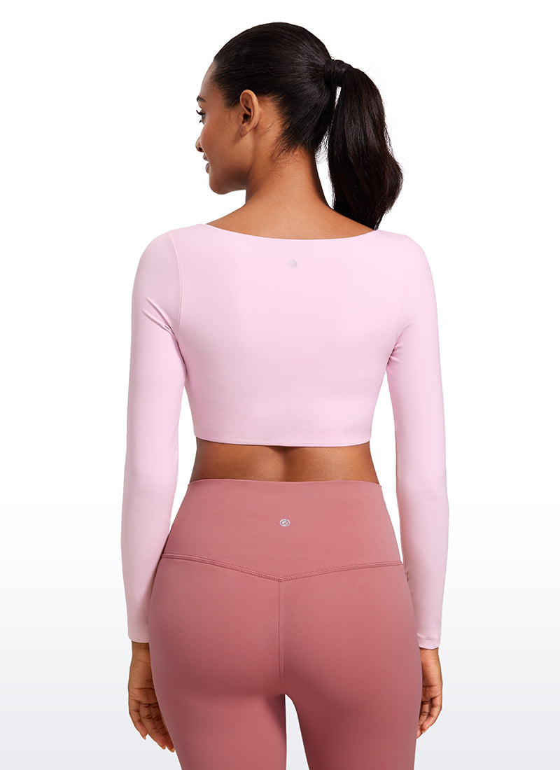 CRZ YOGA Women's Butterluxe Double Lined Long Sleeve V Neck Cropped Pink Peony